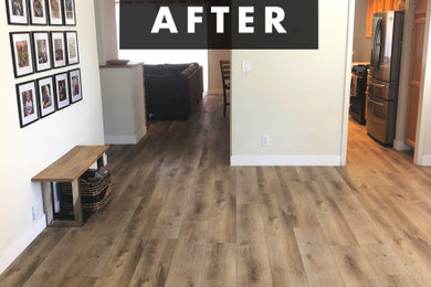 Mid-sized open concept carpeted living room photo in Sacramento with white walls
