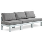 Meridian Furniture - Nizuc Water Resistant Patio Modular Straight Sofa, Gray, 3-Piece: 3 Armless Chair, White Aluminum Frame - Pick and choose your favorites from the Nizuc collection to create a modular seating group the whole gang will enjoy. The sturdy aluminum frame provides dependable support for friends and family as they relax and unwind, and the resilient grey water resistant fabric stands up to the elements without losing its beautiful demeanor, so you can count on it lasting for the long haul. Latches beneath these seating pieces help you easily attach them to one another for convenient setup.