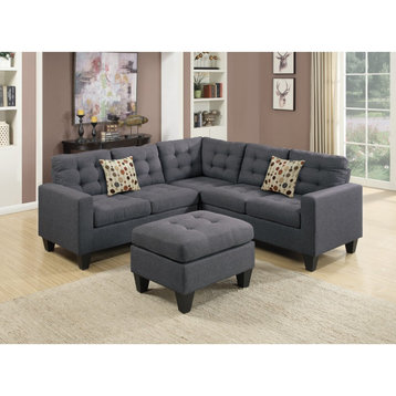 Linen Fabric 4 Pieces Sectional With Cocktail Ottoman And Pillows In Gray