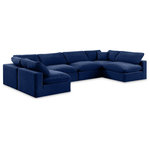 Meridian Furniture - Comfy Upholstered U-Shaped Modular Sectional, Navy, 6-Piece: 4 Armless Chair, 2 Corner Chair, Velvet - Give your space a whole new look with this navy Comfy velvet sectional. This handsome sectional fits nicely with other items in the Comfy collection and is a versatile seating option designed for adaptability, comfort and style. Wrapped in rich navy durable velvet upholstery, this sectional offers a plush embrace of overstuffed down feather cushions, carefully crafted to deliver the highest level of comfort. The perfect seat for creating an oasis for relaxation, this sectional has thick foam surrounding its frame for added support and coziness.