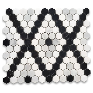 Carrara White Marble 1" Hexagon Modern X Pattern Thassos Black Polish, 1 sheet