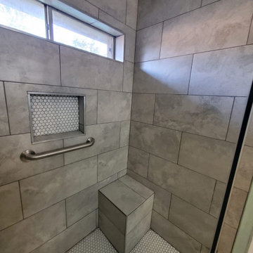 Bathtub Remodeled into a Grey/Beige Modern Walk-in Shower