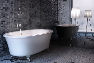 Claw-foot bathtub - mid-sized modern master black tile, gray tile and mosaic tile pebble tile floor and gray floor claw-foot bathtub idea in San Francisco with black walls