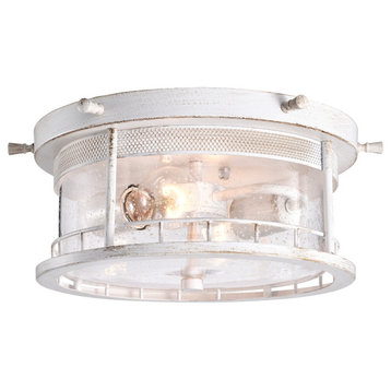 2-Light Antique White Flush Mount With Caged Glass Shade