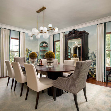 Scenic landscape wallpaper mural in classic dining room