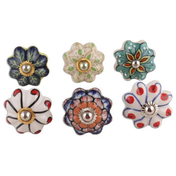 Novica Handmade Floral Homestead Ceramic Knobs (Set Of 6)