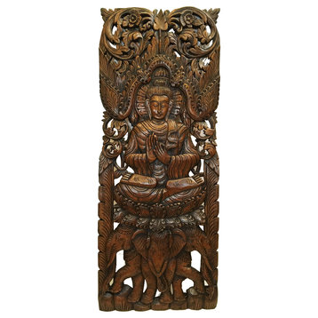Buddha Wood Wall Decor, Large Carved Wood Panel, Dark Brown