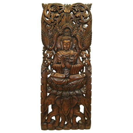 Buddha Wood Wall Decor, Large Carved Wood Panel, Dark Brown