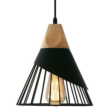 Industrial Pendant Lamp Black Cage Wood Pendant Lighting