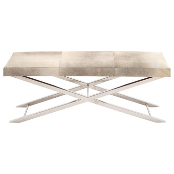 Modern Rectangular Beige Metal and Leather Cushioned Bench, 18" x 46" x 16"