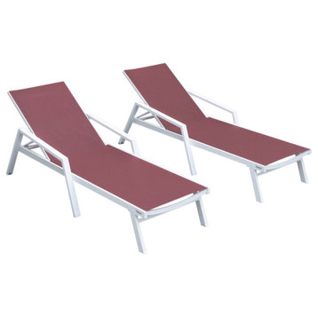 LeisureMod Marlin Patio Chaise Lounge Chair White Arms Set of 2, Burgundy