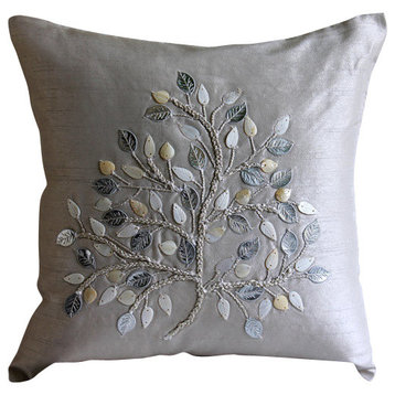 Mother Of Pearls Tree 16"x16" Art Silk Silver Pillow Covers, Silver Leaf