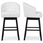 Baxton Studio - Avril Faux Leather Tufted Swivel Barstools With Nail Heads Trim, White, Set of 2 - Baxton Studio Avril Modern and Contemporary White Faux Leather Tufted Swivel Barstool with Nail heads Trim. Featuring elegant and sophisticated design, the Avril Swivel Barstool is another piece of our modern and contemporary collection. The barstool has a wide curved button-tufted Seat back. Underneath the Seat, it has a metal plate supporting the swivel mechanism. Four straight legs finished in dark espresso brown and built with solid rubber wood supporting the Seat sturdily. Fully upholstered in faux leather, the wide Seating area is padded throughout for a comfortable reign. There is visible showed stitching's on the back and Seat to enhance the class and elegance of this barstool. The button-tufting and nail heads trim on the edges reconfirm the modern and contemporary design. This piece would fit extremely well in a hotel bar or restaurant bar environment with it swivel function. Made in Malaysia, the barstool is offered in set of two and it requires assembly.