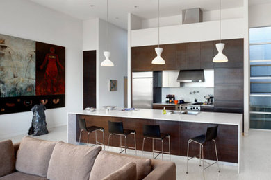 Inspiration for a mid-sized modern single-wall linoleum floor open concept kitchen remodel in San Francisco with a drop-in sink, flat-panel cabinets, dark wood cabinets, marble countertops, white backsplash, stone slab backsplash, stainless steel appliances and an island