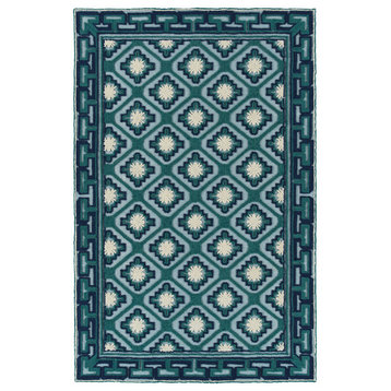 Kaleen Indoor-Outdoor Midcentury Modern Ayrlies Garden Rug, Teal, 8'x10'