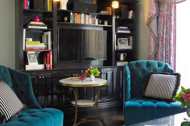 Inspiration for a mid-sized eclectic open concept medium tone wood floor and brown floor living room remodel in New York with gray walls, no fireplace and a wall-mounted tv