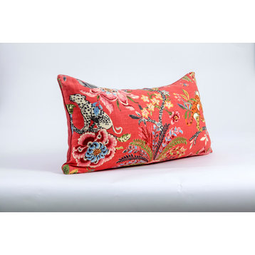Red Chinoiserie Pillow Cover, Tropical Floral Red Pillow Cover, 14x36
