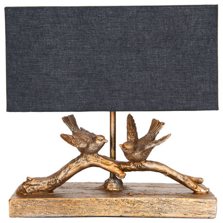 Rustic Birds-On-Branch Lamp With Rectangle Flax Shade, Gold
