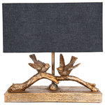 Olive Grove - Rustic Birds-On-Branch Lamp With Rectangle Flax Shade, Gold - Make a glowing vignette and bring garden-inspired style to your home with this 12-inch table lamp.  Crafted from resin, the base features a tree branch design with two birds perched atop of it.  Intricate carvings bring a lifelike quality to the piece, while the gold finish brings contrast to the rectangular linen shade.  Place this luminary atop your foyer-s console table, and then pair it with a blooming floral vase and shimmering mirror to create an inviting display. Use it to illuminate a cozy reading nook by placing it on top of a side table next to an arm chair. Or, use it to round out a woodland-themed atmosphere in the guest bedroom.