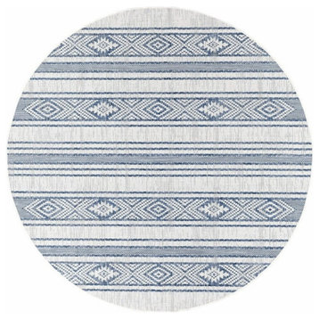 Indoor Outdoor Area Rug, Geometric Striped Pattern, Blue-Ivory/7'10" Round