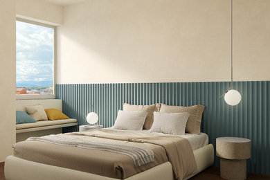 Foto di una grande camera matrimoniale minimal con pareti bianche, parquet scuro, pavimento marrone e boiserie
