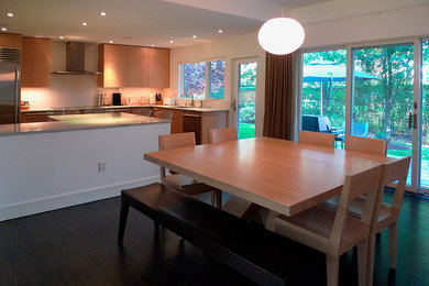 Inspiration for a mid-sized contemporary dark wood floor and brown floor kitchen/dining room combo remodel in New York with white walls