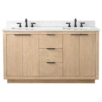 Brady Mid-century Bathroom Vanity With Sink, Carrara White Top, Teak White, 60"