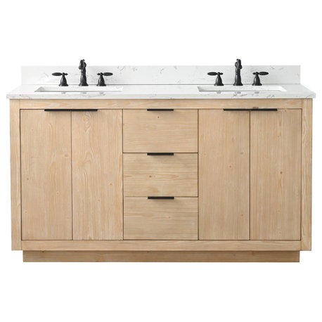 Brady Mid-century Bathroom Vanity With Sink, Carrara White Top, Teak White, 60"