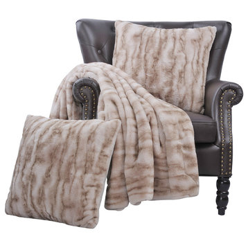 Raccoon Faux Fur Throw Blanket With 2 Pillows, Taupe, 50"x60"
