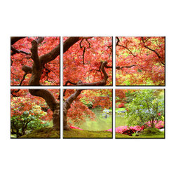 Vibrant Canvas Prints - 6 Panel Autumn Red Tree Forest Picture Framed Canvas Wall Art D�cor - Prints And Posters