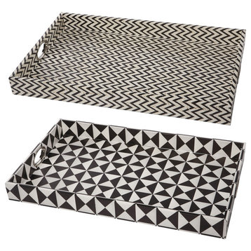 Benzara BM286374 25" Black White Wood Trays, Art Deco Geometric, 2-Piece Set