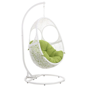 Modern Outdoor Malaga Swing Chair with Stand White Basket Lime Green Cushion