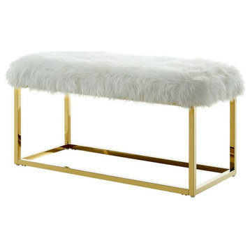 Posh Living Joseph Faux Fur Fabric Bench in White/Gold