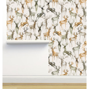 Watercolor Wintery Deers Beige Wallpaper by Ninola Designs, 24"x144"