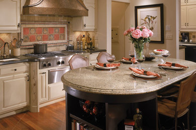 Kitchen - mid-sized contemporary kitchen idea in Chicago with granite countertops, beige backsplash and stainless steel appliances