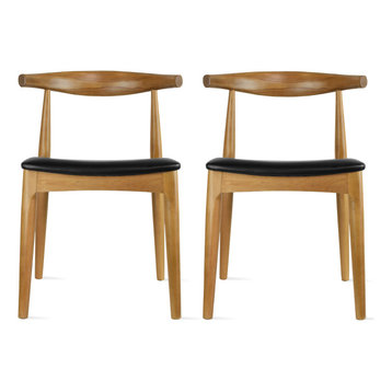 Set of 2 Real Oak Wood/PU Leather Side Dining Chair, Walnut