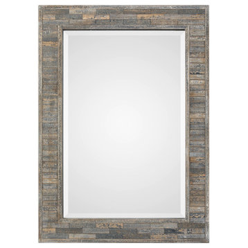 Strips Of Weathered Pine, Finished, A Heavily Distressed Charcoal Blue Mirror