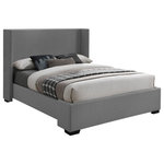 Meridian Furniture - Oxford Linen Textured Fabric Upholstered Bed, Gray, Queen - Treat yourself to a fresh new look in your bedroom sanctuary with this queen-size Oxford linen textured bed. This bed features an oversized wing-back headboard for a majestic appearance and is upholstered in rich grey linen textured fabric all over, adding an element of elegance to your room. The espresso legs contrast nicely with the fabric, bringing this midcentury modern design to life. As a bonus, this bed requires no box spring.