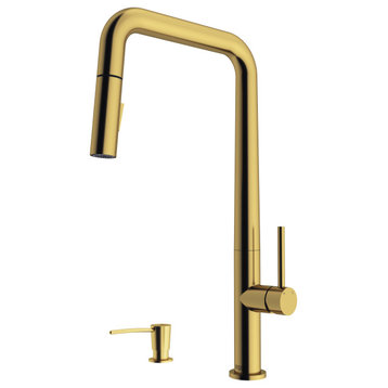 VIGO Parsons Pull-Down Kitchen Faucet With Soap Dispenser, Matte Brushed Gold