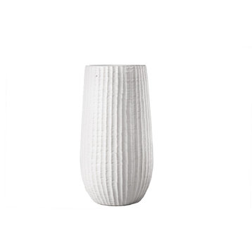 Round Ceramic Vase with Debossed Column Design Matte White Finish, Small