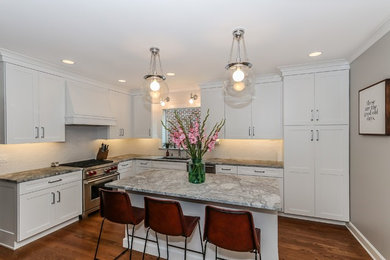 Photo of a mid-sized transitional l-shaped separate kitchen in Chicago with a farmhouse sink, shaker cabinets, white cabinets, white splashback, ceramic splashback, stainless steel appliances, medium hardwood floors, with island, brown floor, grey benchtop and quartzite benchtops.