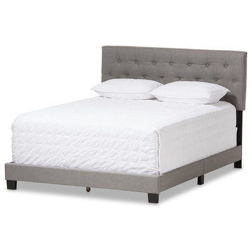 Cassandra Light Beige Fabric Upholstered Full Size Bed, Light Gray, Queen