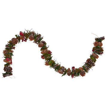 Mixed Cones, Green Bay Leaf, Ribbon Twigs Berries Garland, 66"