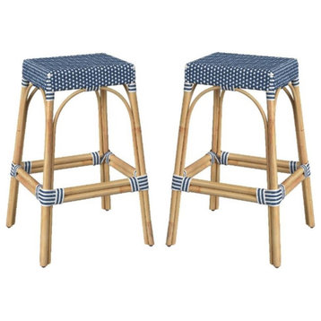 Home Square Rattan Backless Barstool in Sky Blue and White - Set of 2