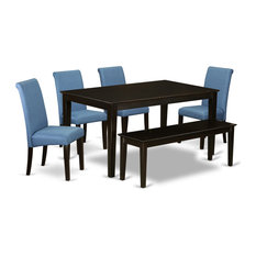 Caba6-Cap-21, 6-Piece Dining Table With Linen Blue Fabric Chairs Bench