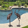 Bronze Garden Crane Pair Statue, Upright and Preening Set