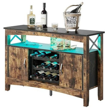 Farmhouse Bar Storage Cabinet, LED Lighting & Removable Wine Rack, Rustic Brown