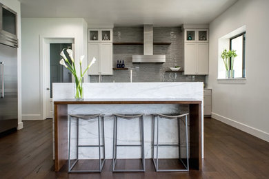 This is an example of a modern kitchen in Austin with quartzite benchtops, glass tile splashback, stainless steel appliances and medium hardwood floors.