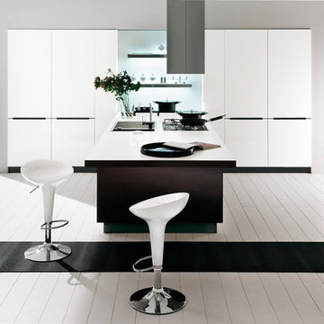 Modern T-shaped white and brown kitchen
