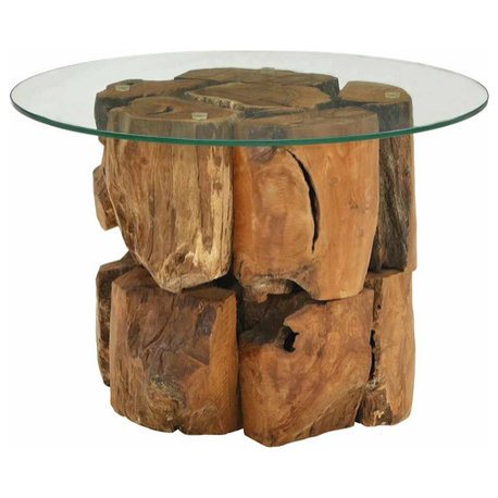 vidaXL Coffee Table with Driftwood Base, Tempered Glass Top, 23.6"Φx16''